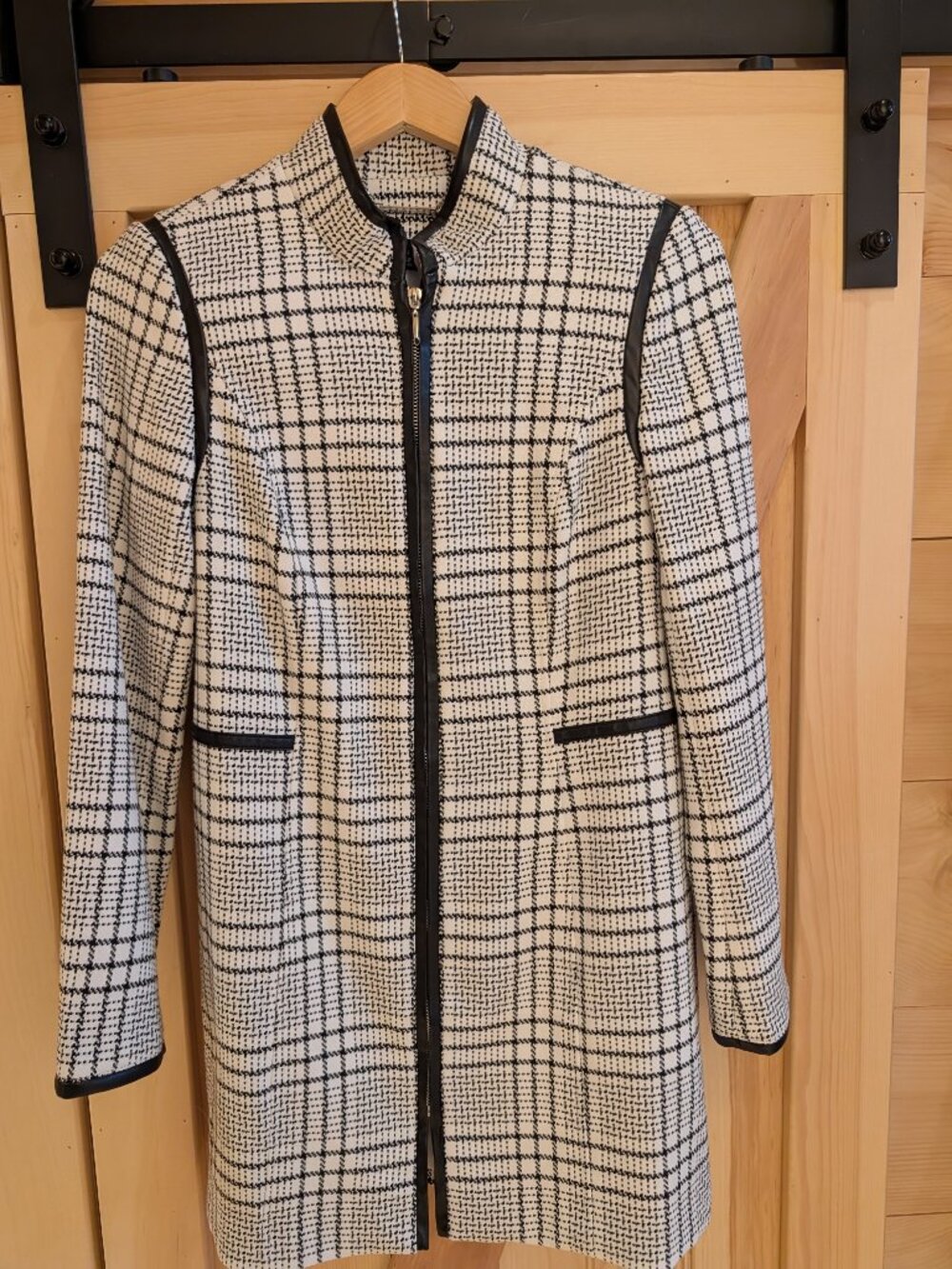 White House Black Market Plaid Faux Leather Trim Zip Long Jacket Coat XS